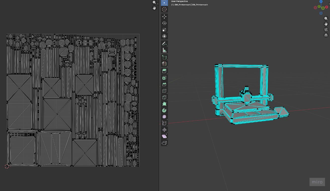 Low-poly printer mesh in Blender next to its packed UV layout